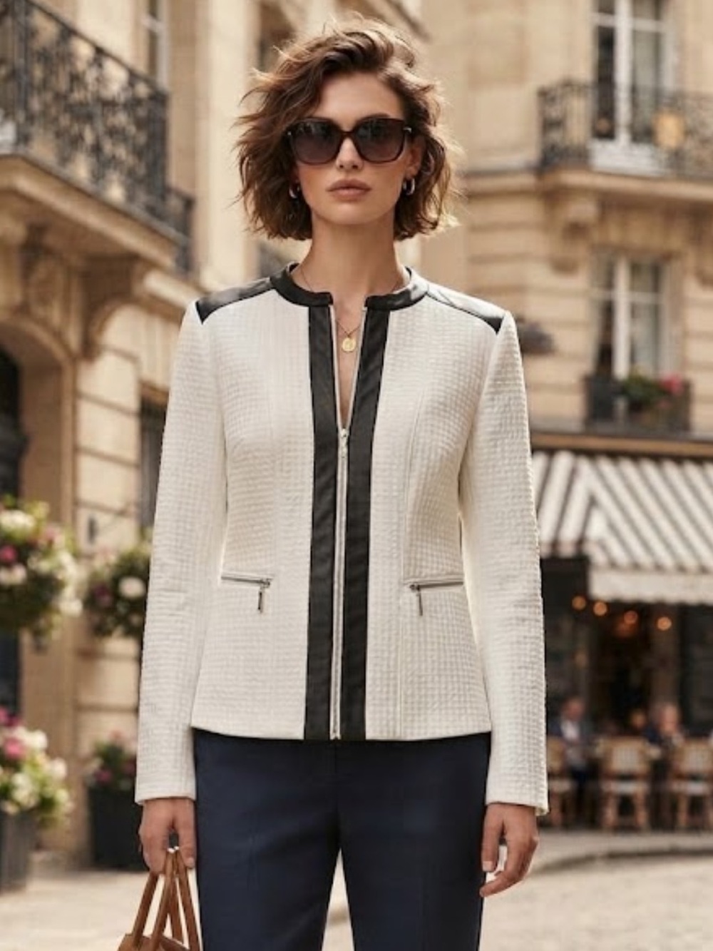 NWOT Rafaella Vegan Leather Zipper Blazer White with Black Trim